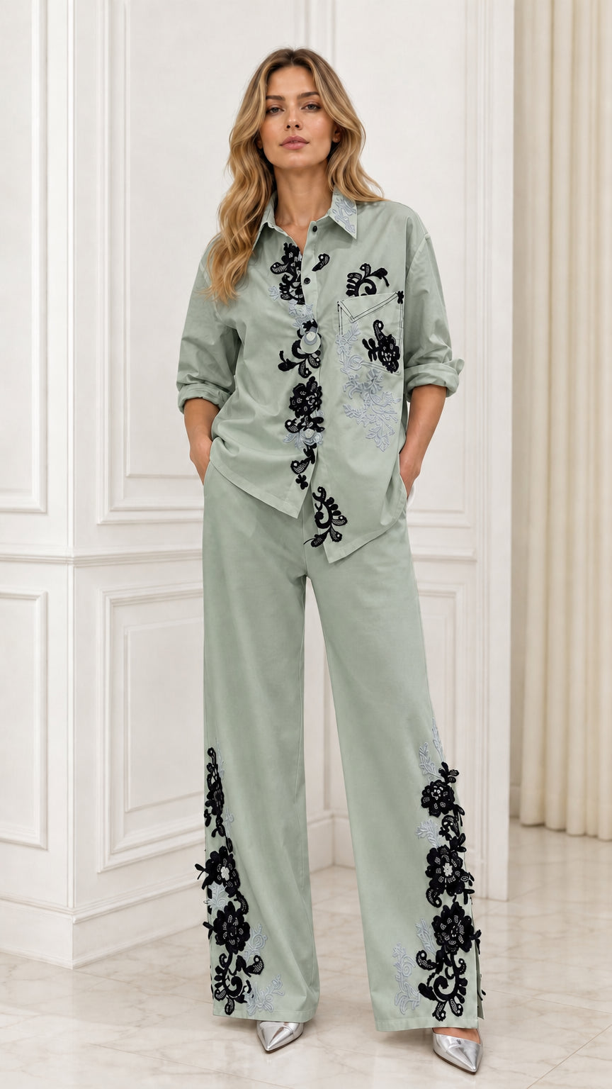 FLORESTA - Set due pezzi ricamato con camicia e pantaloni ampi