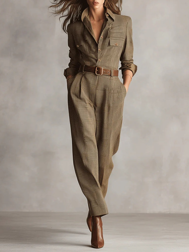 REITANO - Tuta utility in tweed marrone fantasia elegante