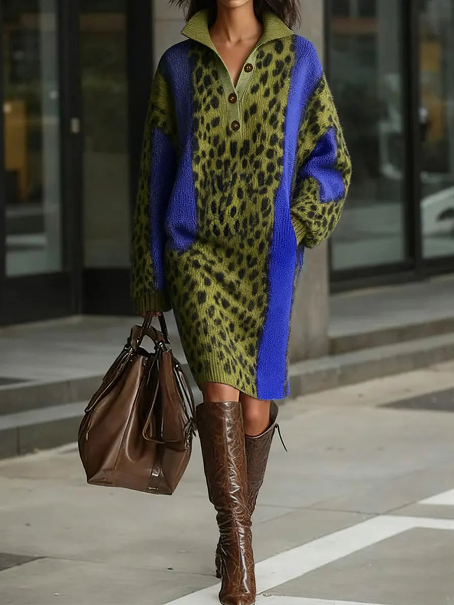 CARRO - Abito morbido in maglia animalier con revers e maniche lunghe