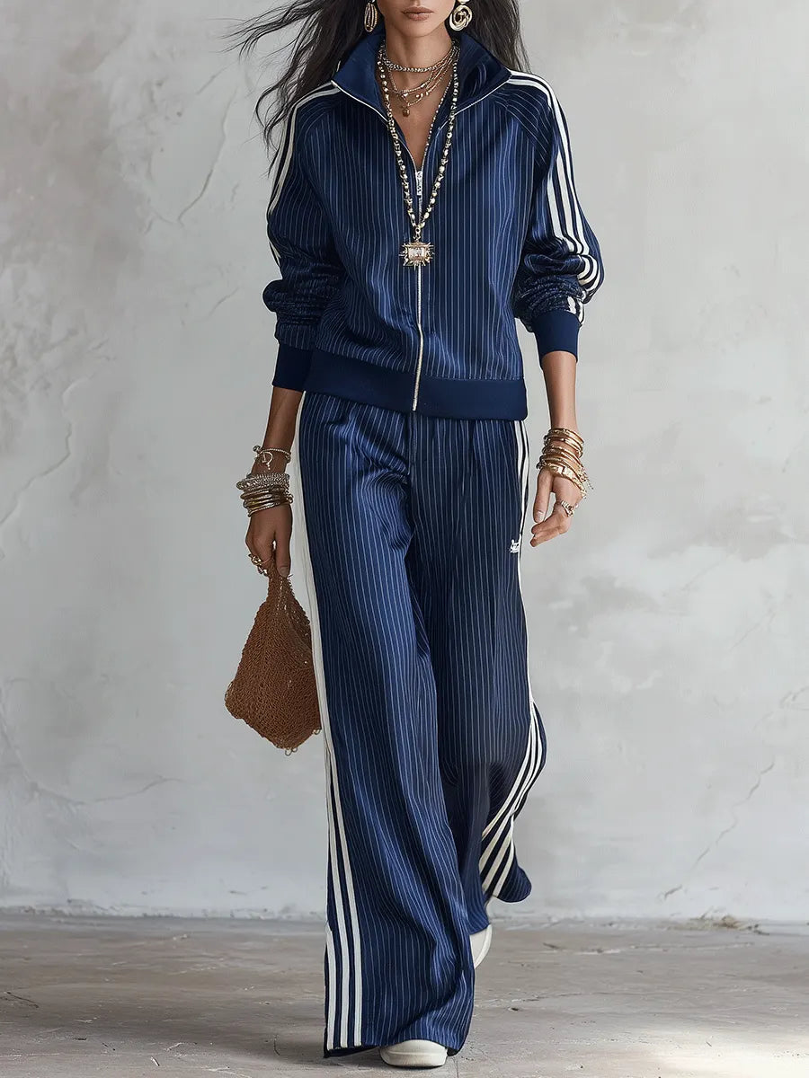 ELLO - Set due pezzi blu in raso gessato con giacca zip e pantaloni ampi