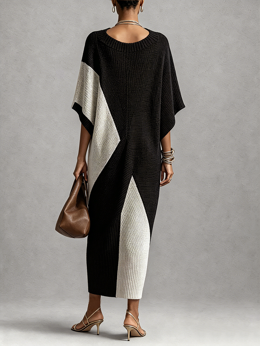 EVA - Abito midi nero bicolore con scollo a V
