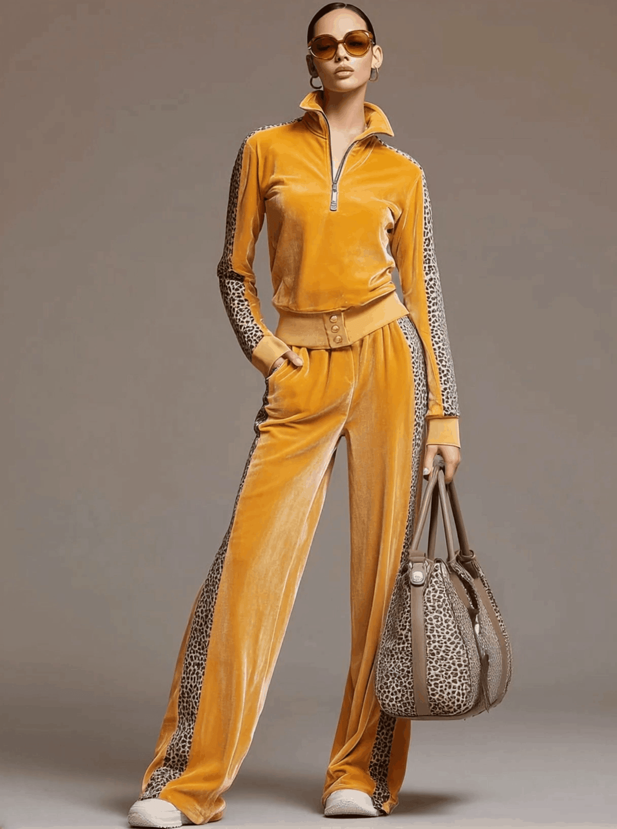 SENTIERO - Set due pezzi in velluto giallo con bordi leopardati