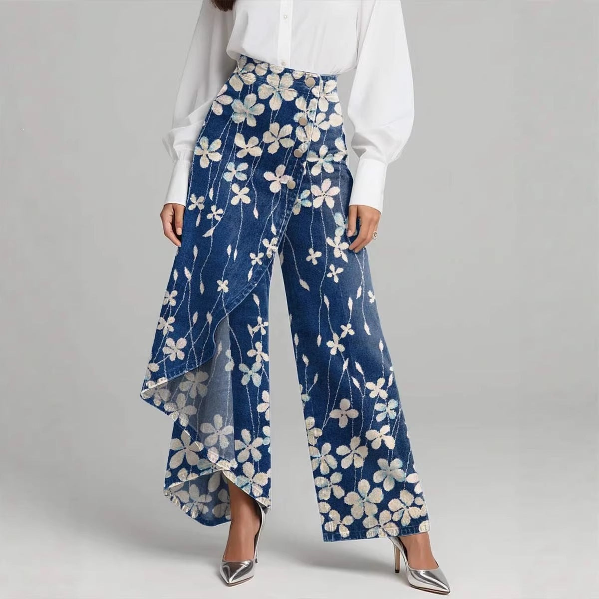 BORE - Jeans wide-leg a vita alta con stampa floreale vintage