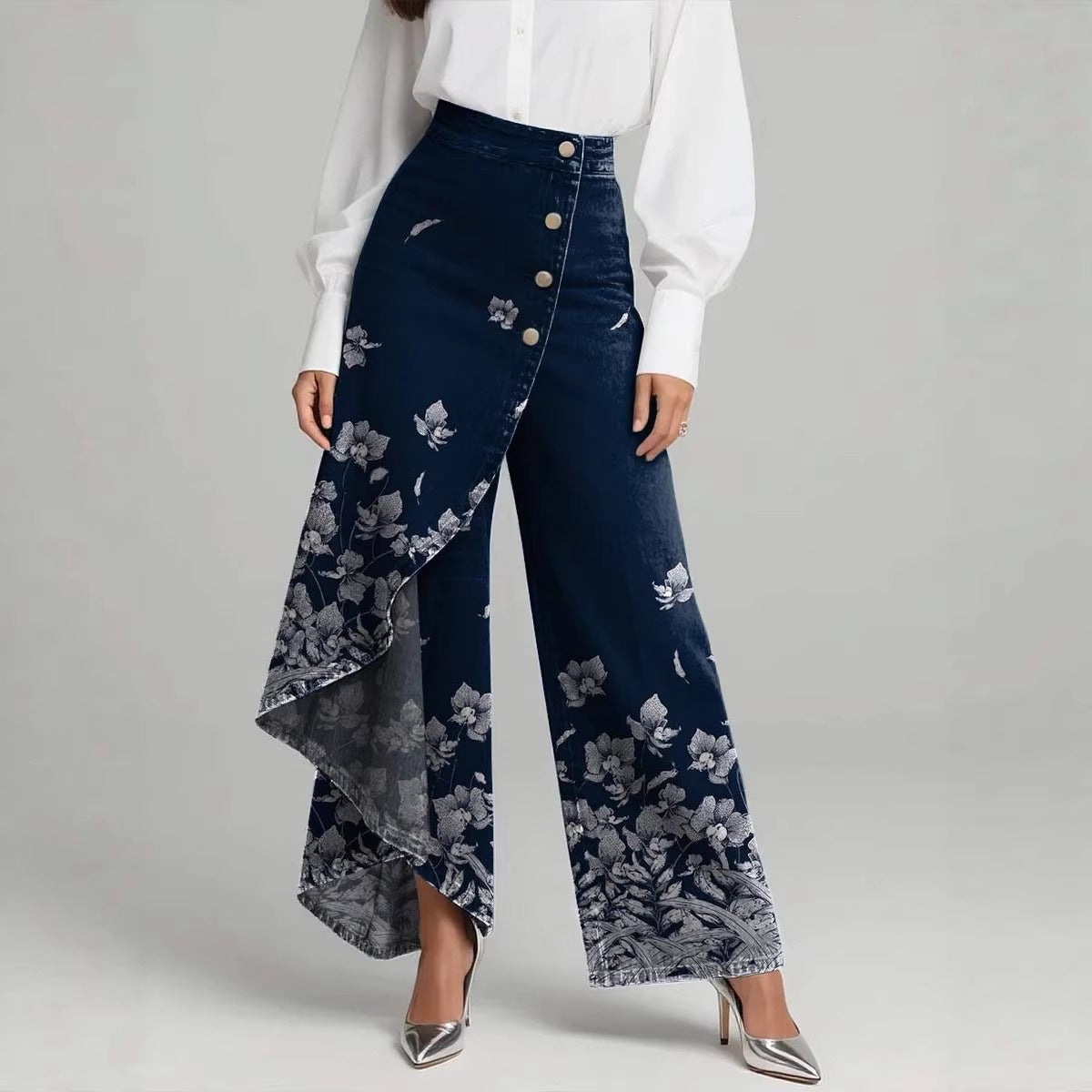 BORE - Jeans wide-leg a vita alta con stampa floreale vintage