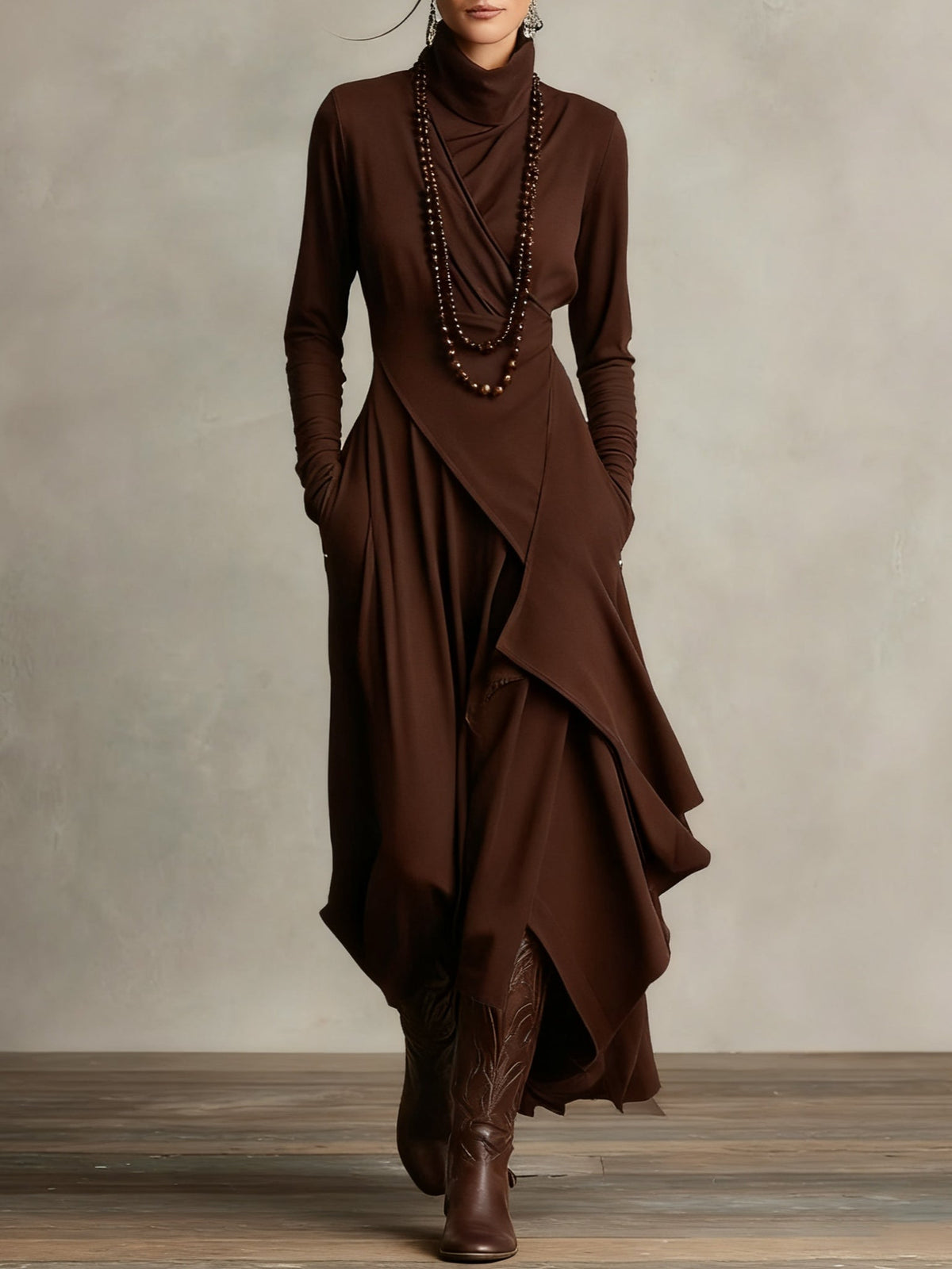 BUDOIA - Abito maxi elegante asimmetrico con collo alto