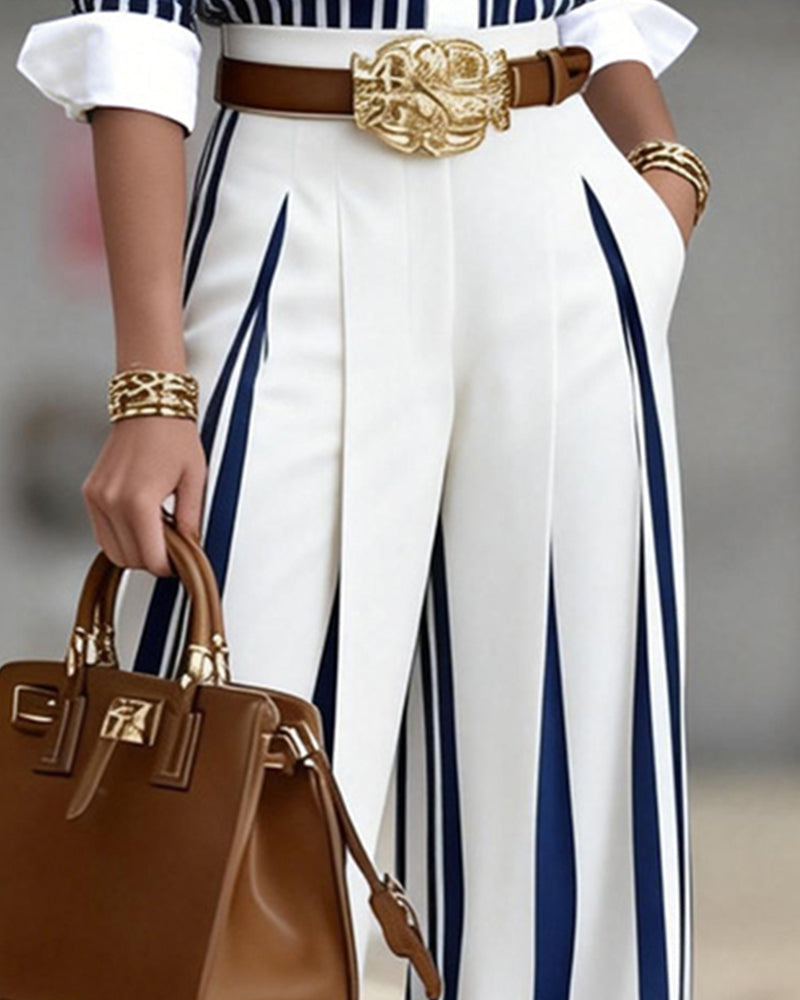 BRUSCIANO - Pantaloni palazzo a vita alta rigati eleganti