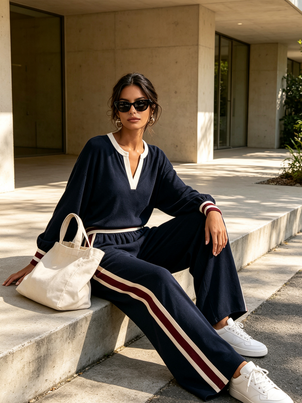 AVOLA - Completo in maglia blu a righe, top scollo e pantaloni ampi