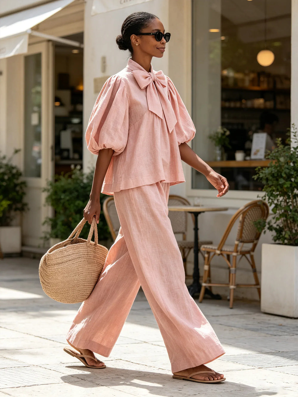 VOGHIERA - Completo rosa in misto lino con fiocco e pantaloni ampi