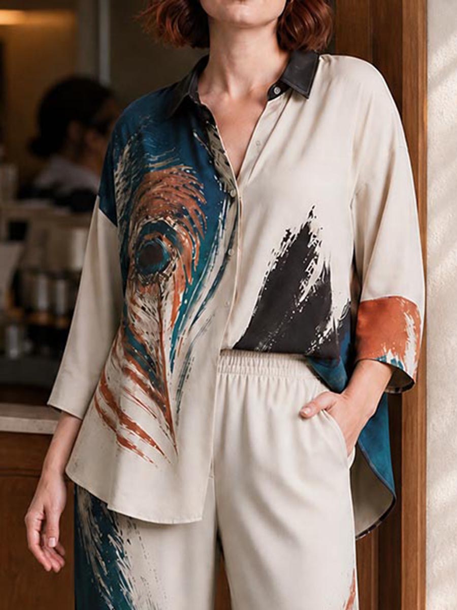 CREMENAGA - Camicia beige con collo a revers e maniche a tre quarti
