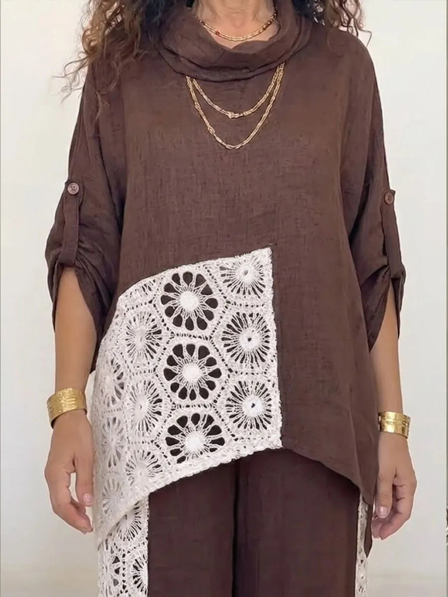 ZINASCO - Set due pezzi cotone e lino marrone con scollo in pizzo