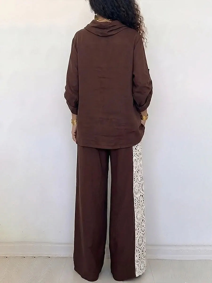 ZINASCO - Set due pezzi cotone e lino marrone con scollo in pizzo