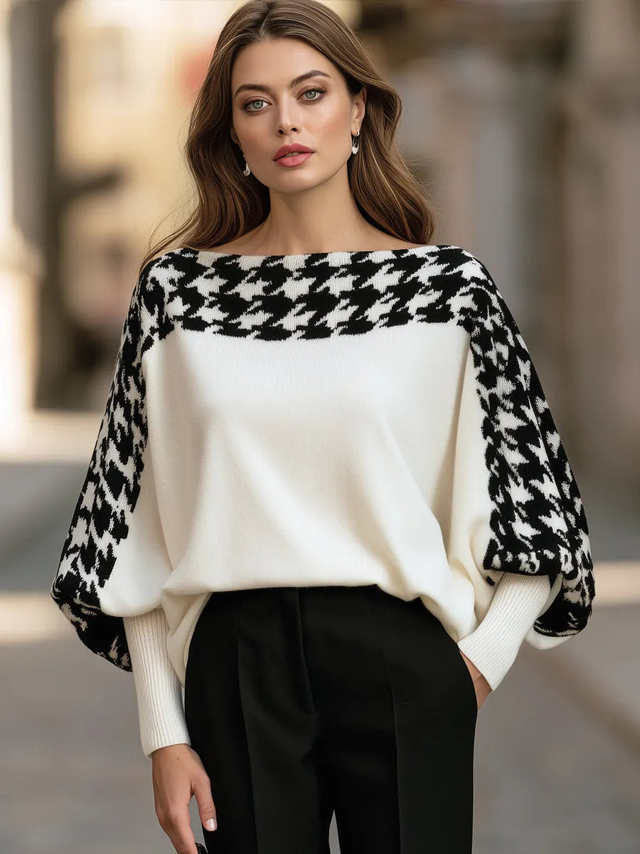 APRICENA - Maglione in maglia bianca con motivo pied de poule a pipistrello
