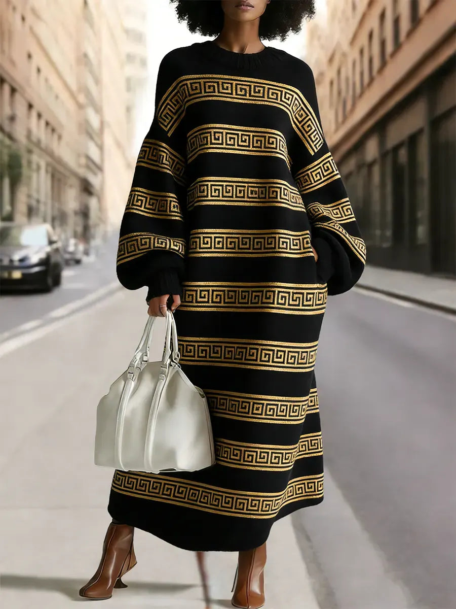 Women's Retro Abstract Geometric Patterns Print Silhouette Round Neck Heathered Knitted Maxi Dress