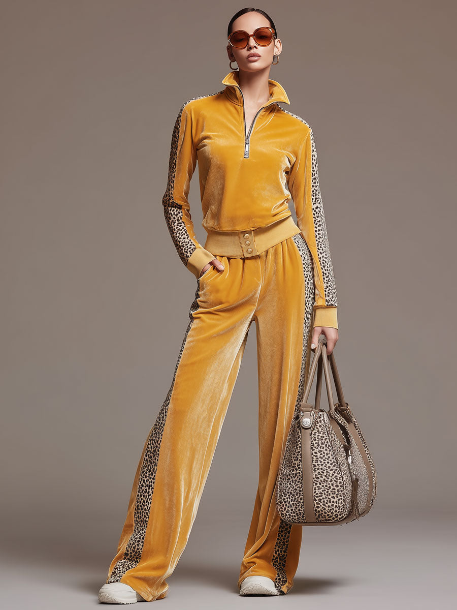 SENTIERO - Set due pezzi in velluto giallo con bordi leopardati
