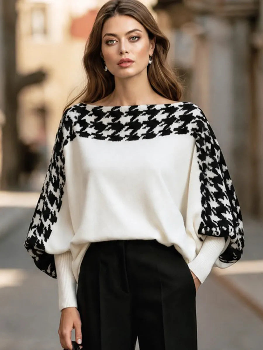 APRICENA - Maglione in maglia bianca con motivo pied de poule a pipistrello