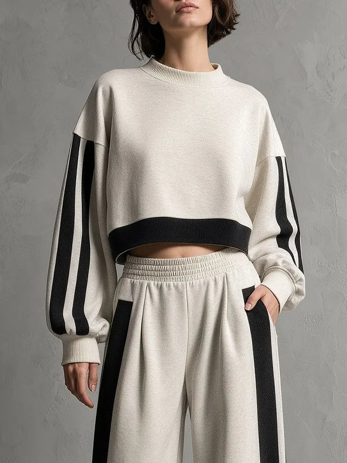 PORANO - Set due pezzi beige color-block in felpa pantaloni ampi