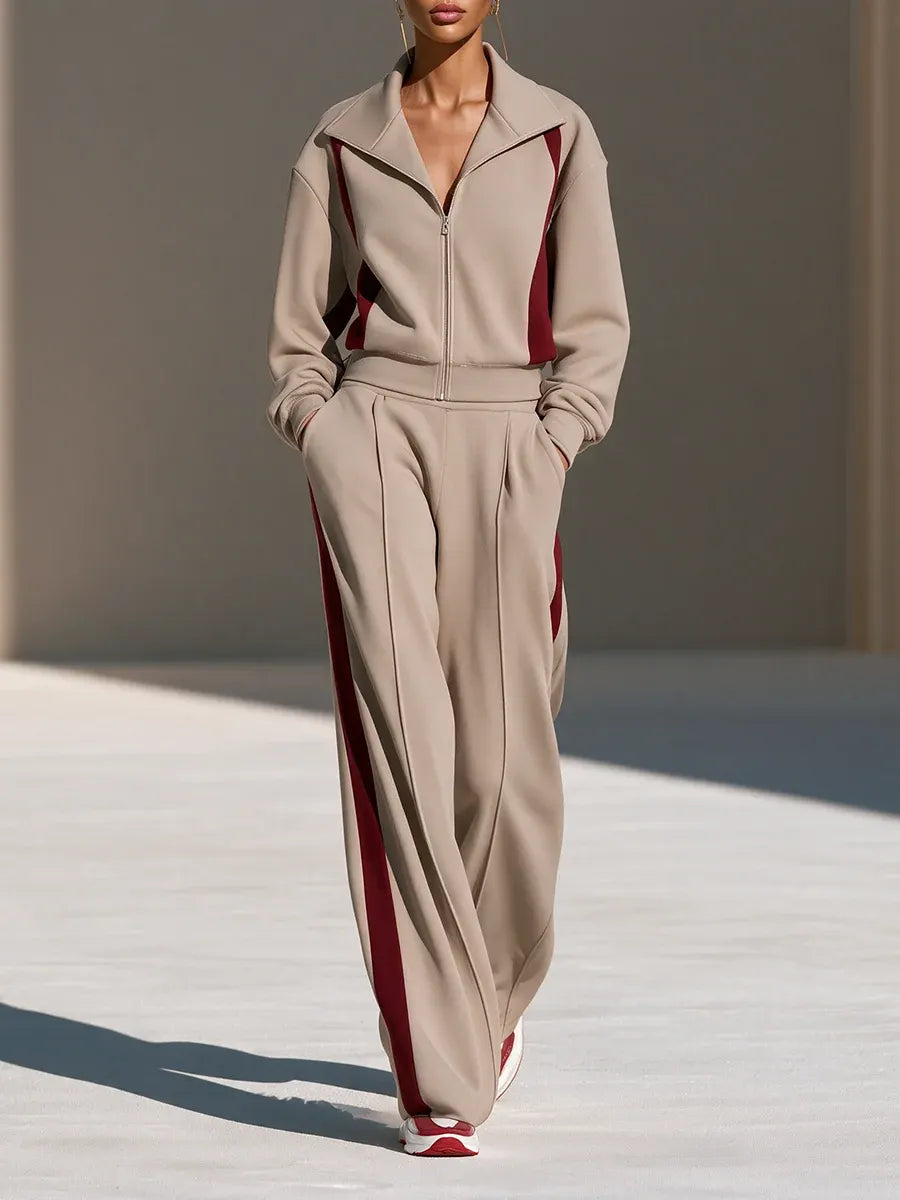 CEVA - Set due pezzi beige color block con felpa zip e pantaloni wide leg