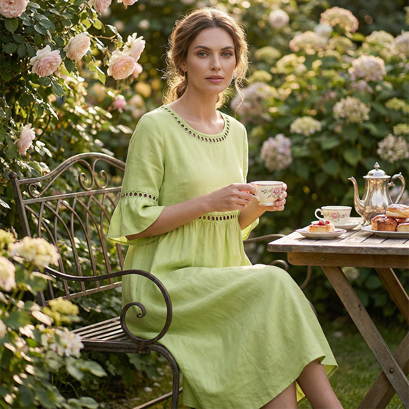 LUDOVICA - Abito Midi in Cotone e Lino con Pizzo
