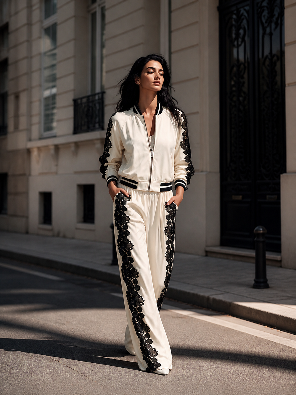 TERZO - Set due pezzi bianco con pizzo e pantaloni a gamba larga