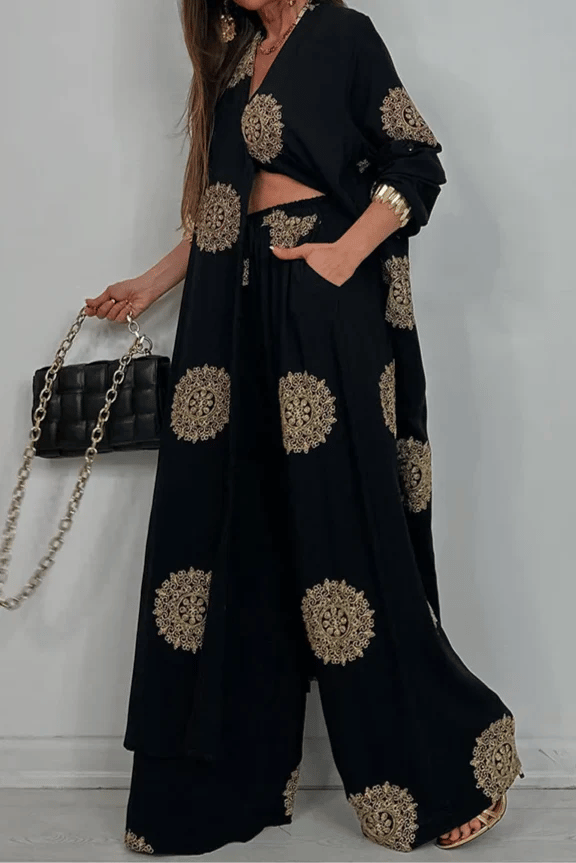 FEISOGLIO - Set due pezzi con cappotto lungo e pantaloni wide-leg stampati