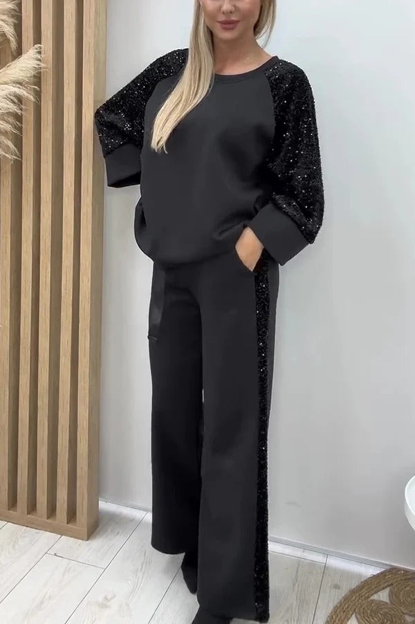 MEDEA - Set due pezzi paillettes con top ampio e pantaloni palazzo a tasche
