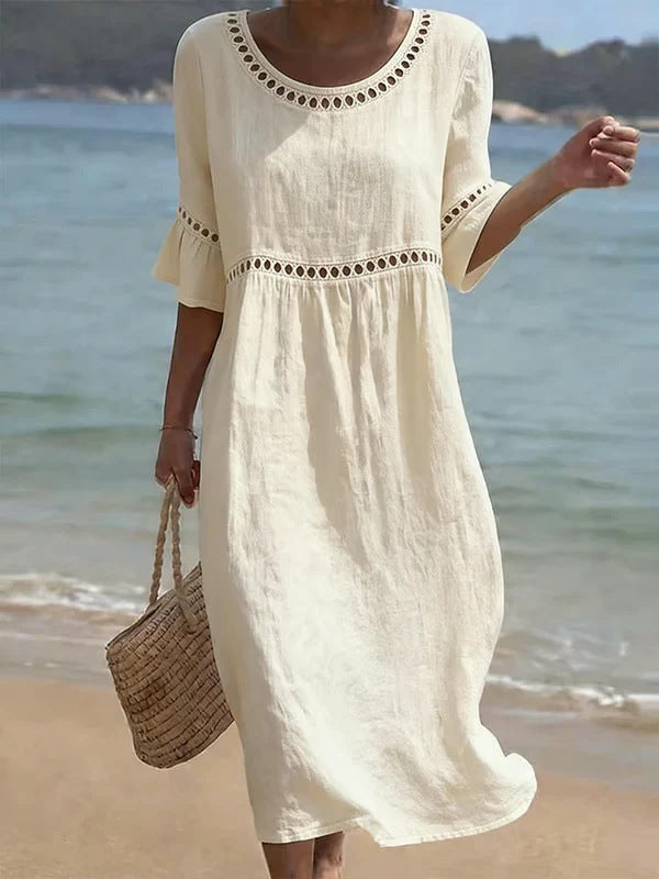 LUDOVICA - Abito Midi in Cotone e Lino con Pizzo
