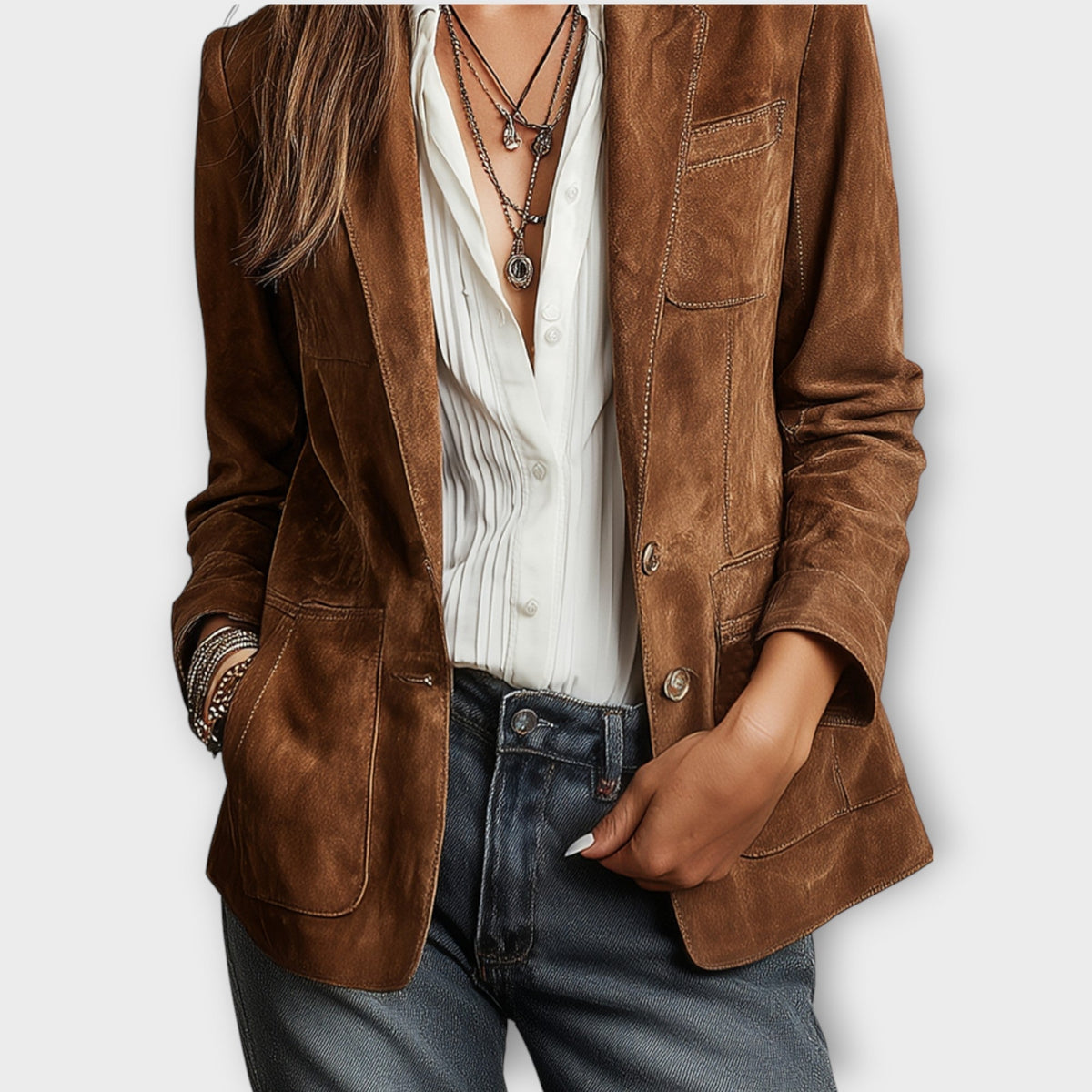 LAURIANO - Blazer vintage in suede marrone scuro