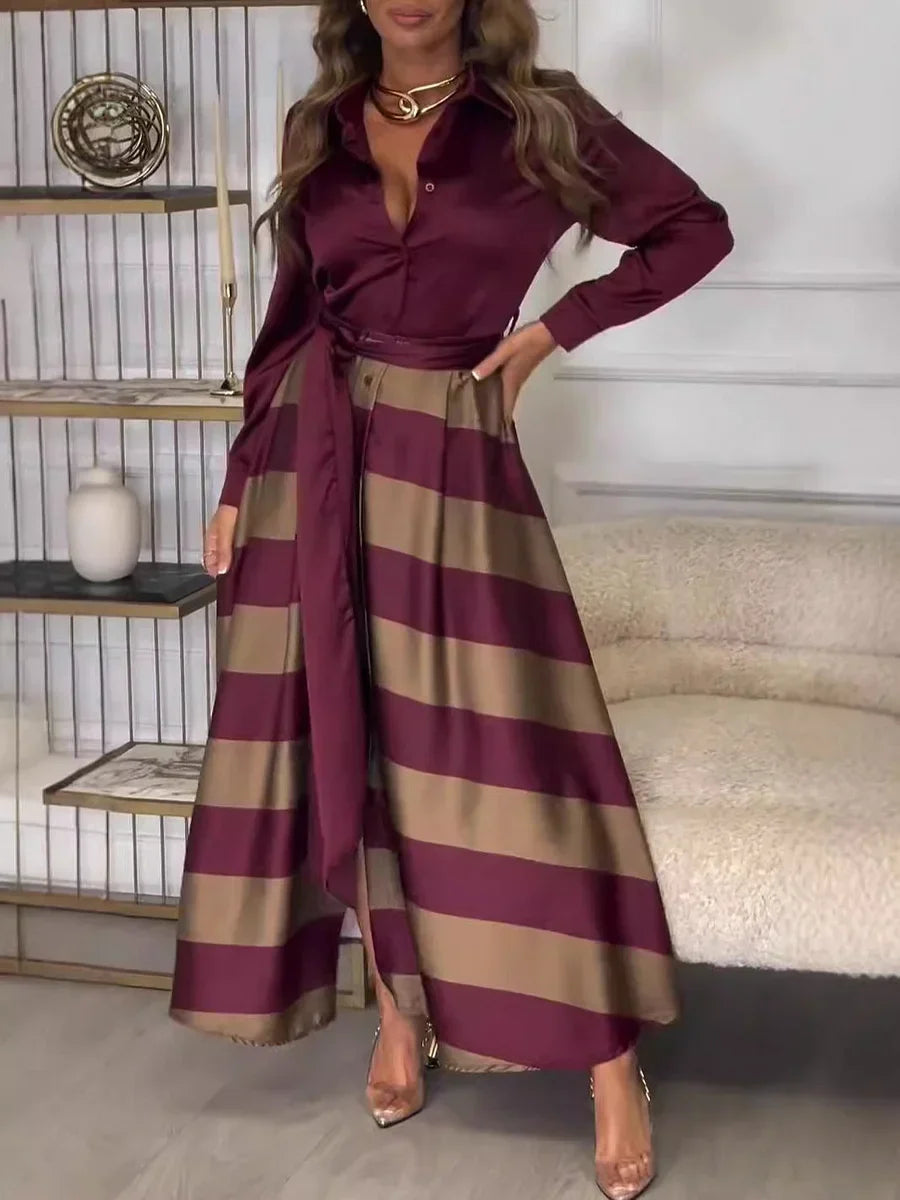 EPISCOPIA - Abito maxi A-line casual bicolore borgogna e nero