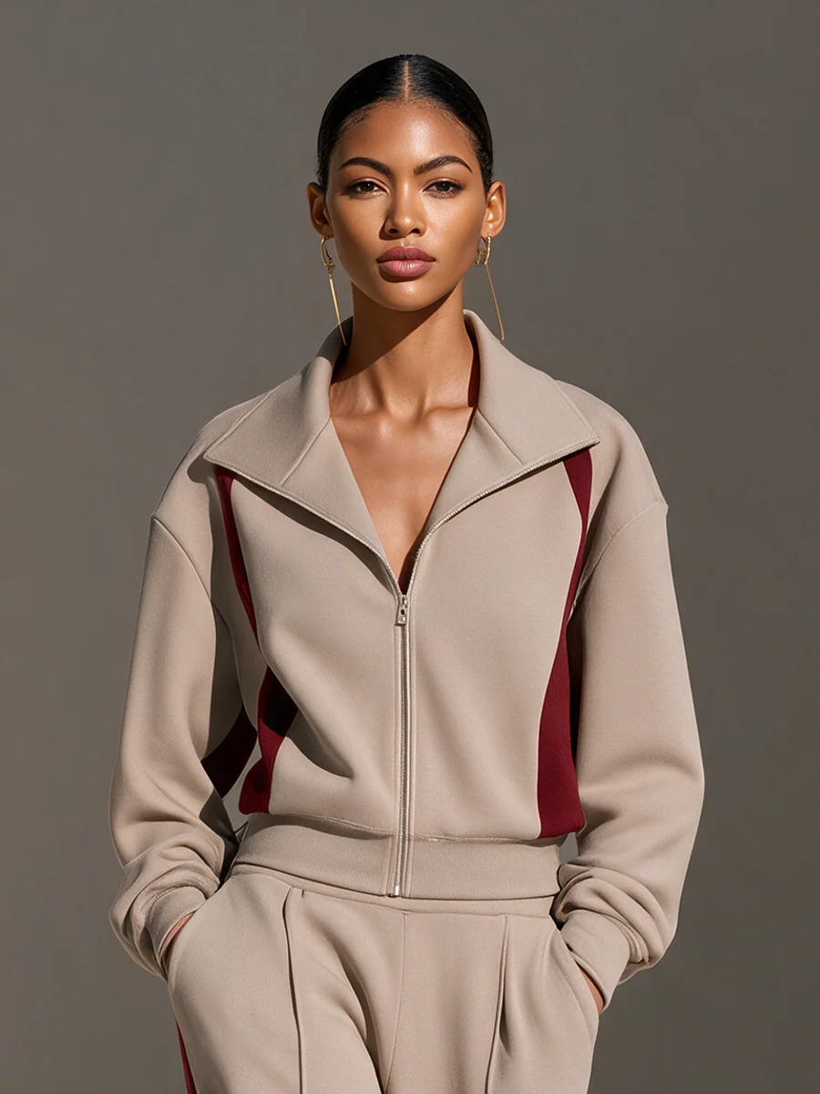 CEVA - Set due pezzi beige color block con felpa zip e pantaloni wide leg