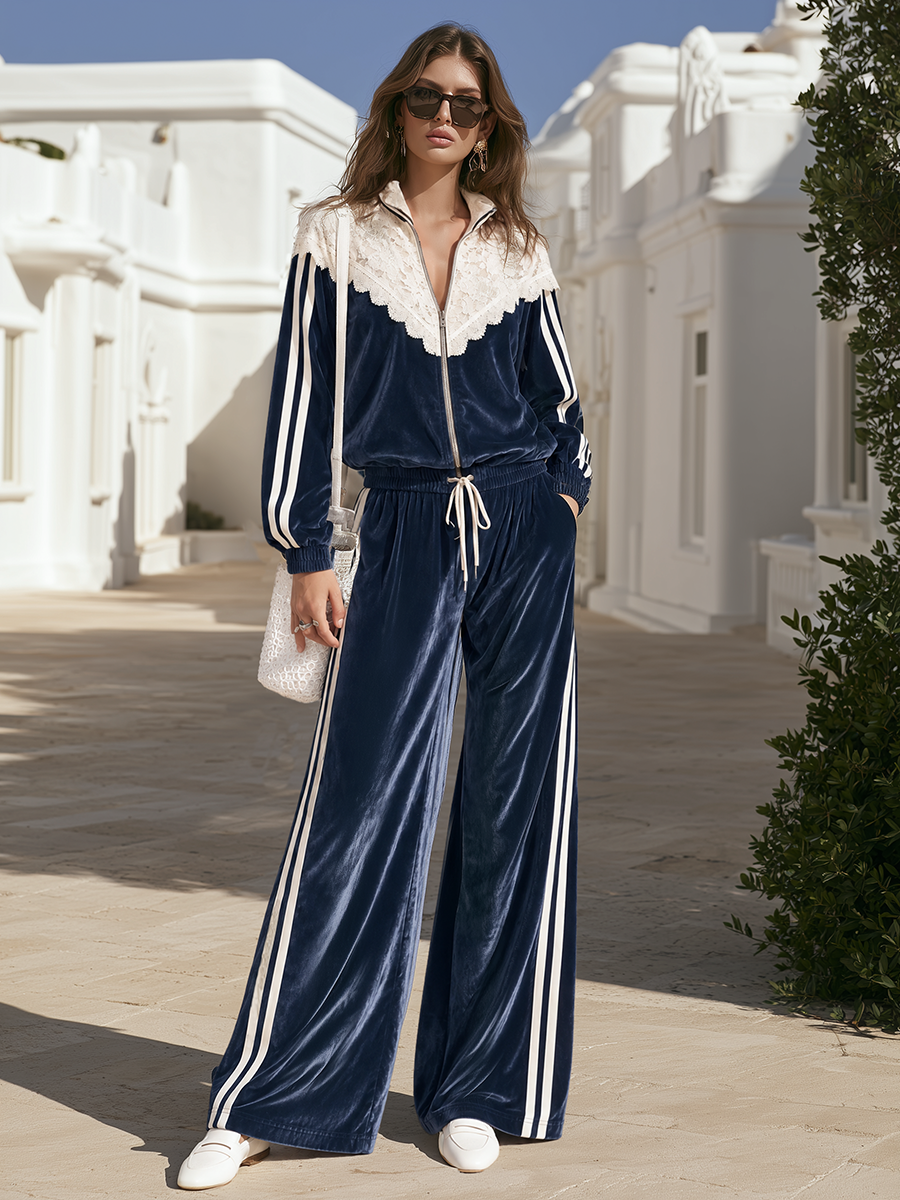NOEMI - Set due pezzi in velluto blu navy con pizzo e doppie righe