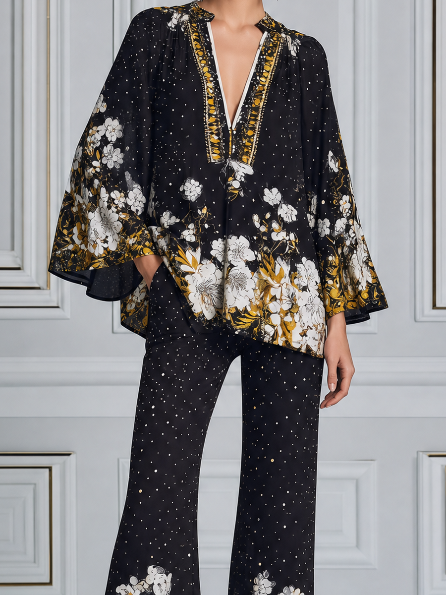 RASURA - Set due pezzi nero floreale con top e pantaloni palazzo
