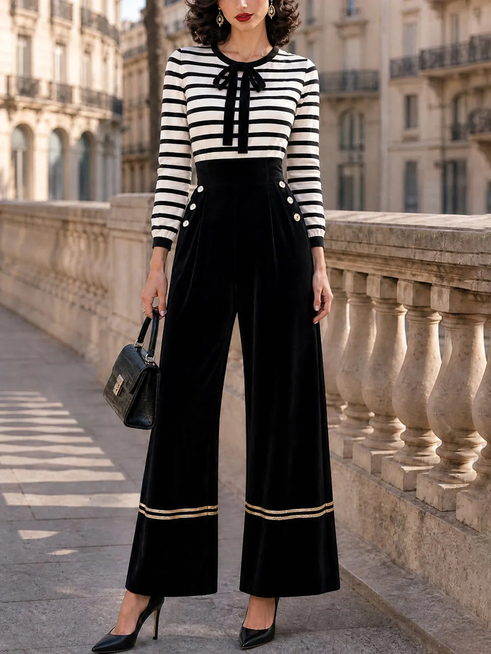 GRISELDA - Jumpsuit vintage in velluto a righe con fiocco al collo