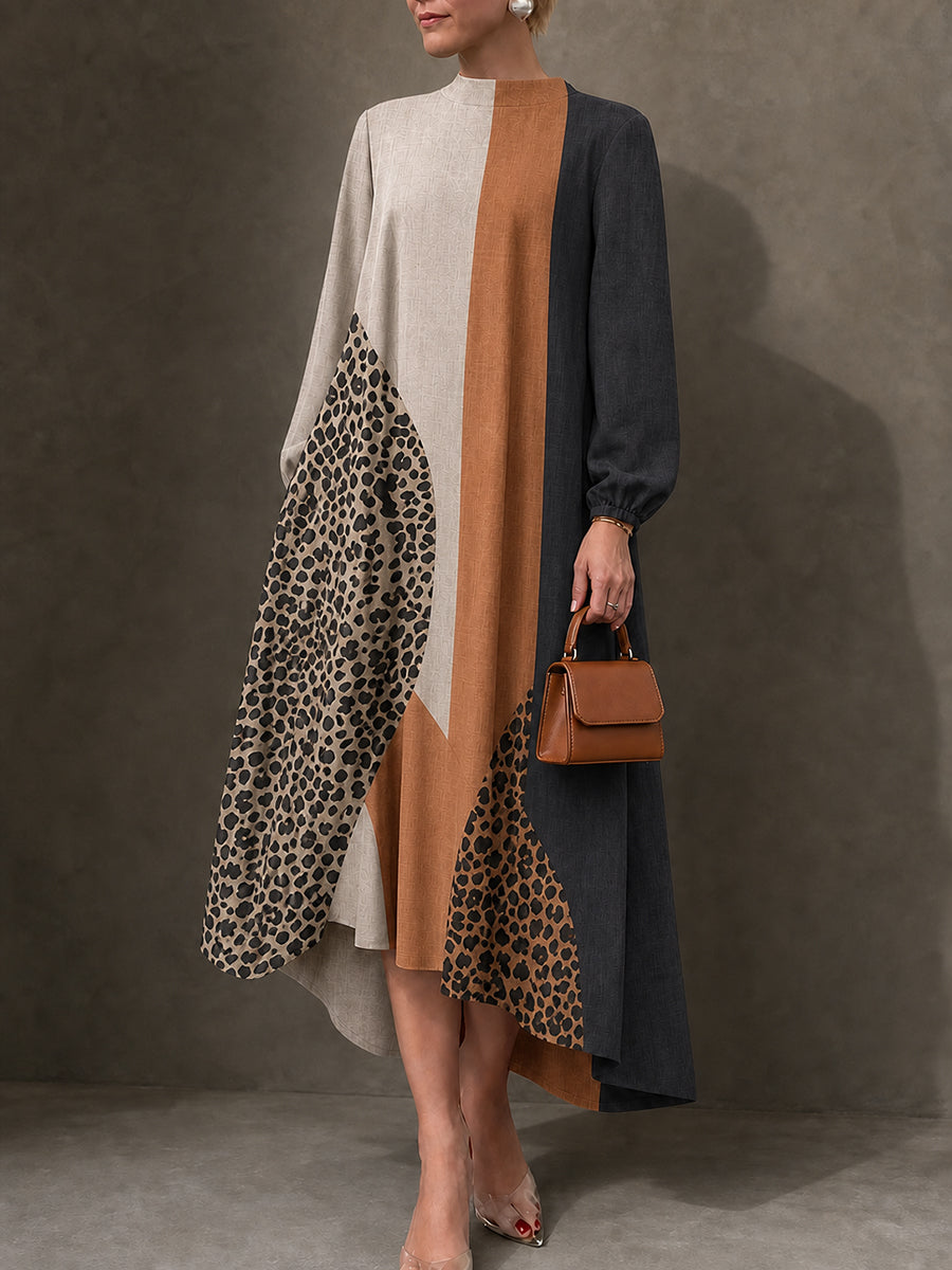 PICCIANO - Abito maxi leopardato con zip e maniche lunghe a contrasto
