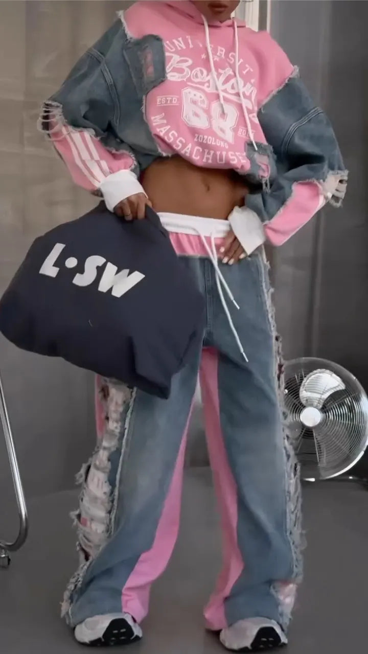 BIBBONA - Completo rosa con hoodie patchwork e jeans wide leg