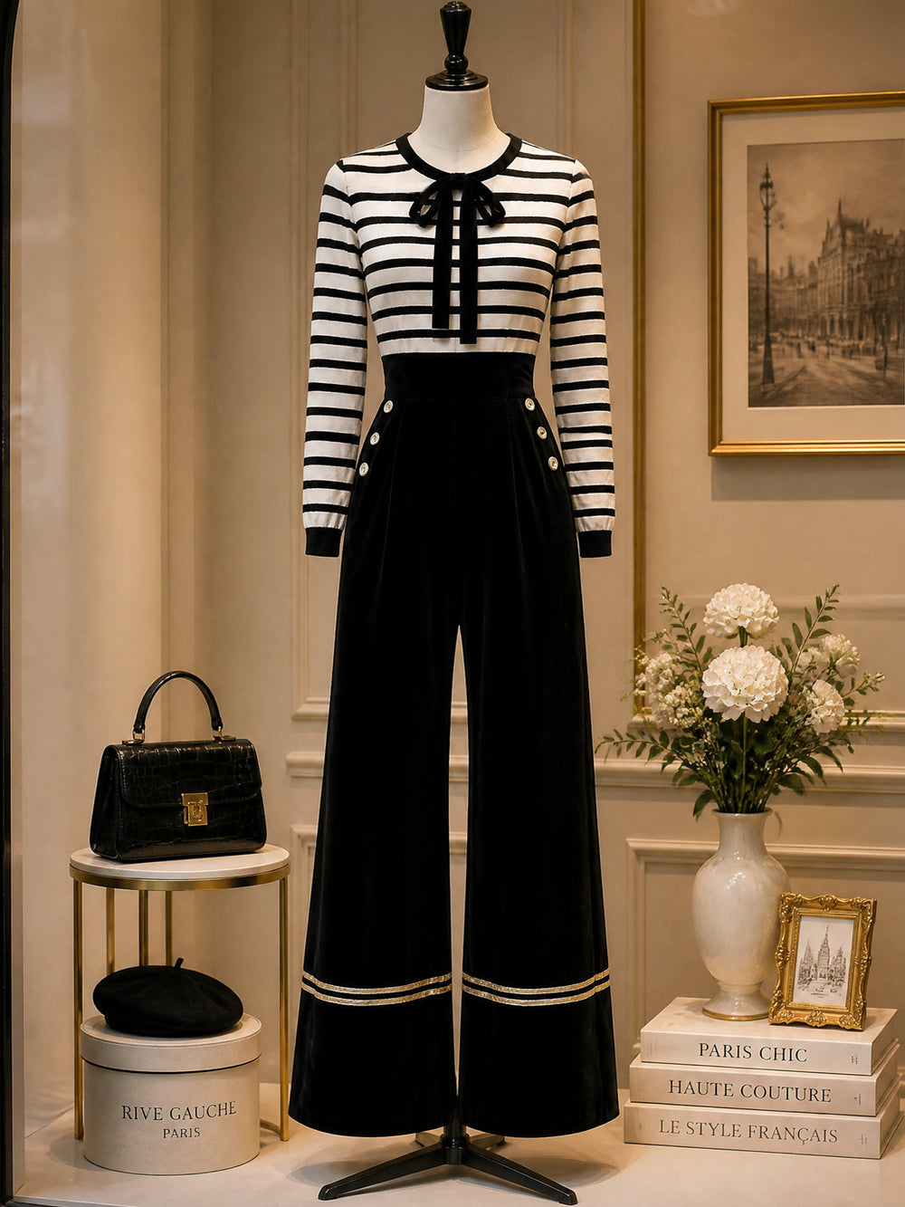GRISELDA - Jumpsuit vintage in velluto a righe con fiocco al collo