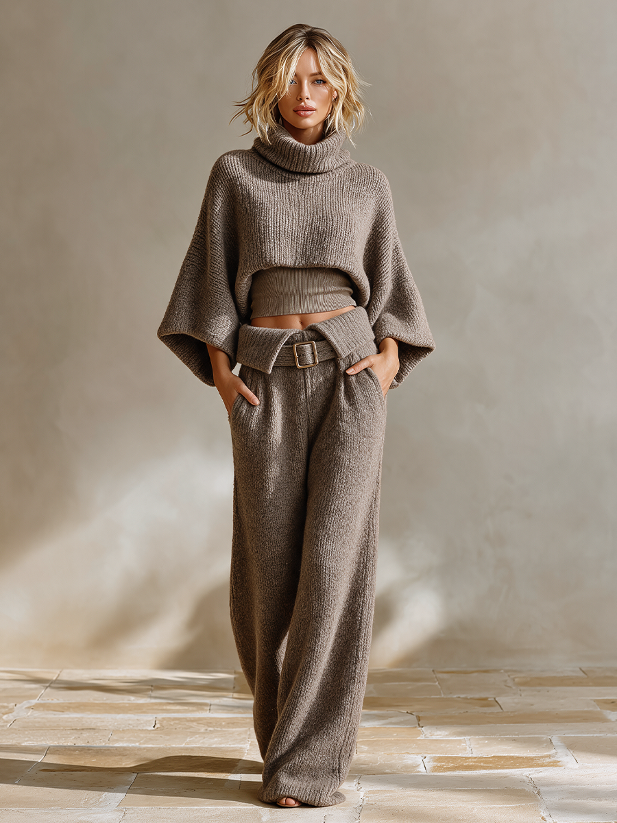 CONVERSANO - Completo casual in maglia color taupe a due pezzi
