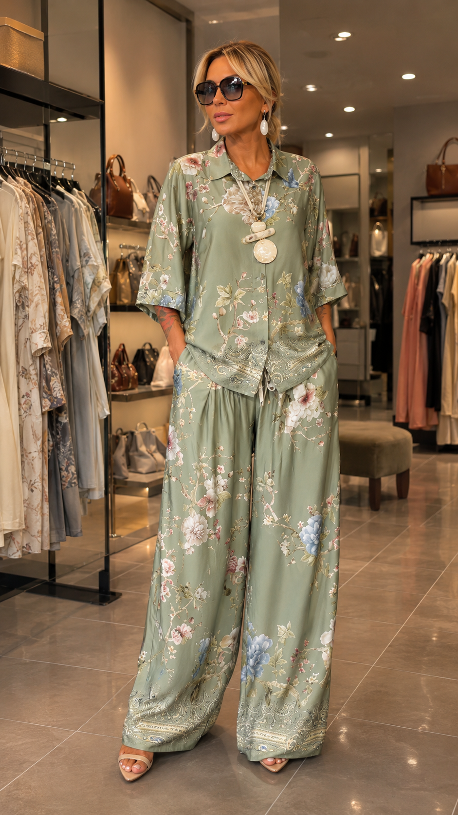 CUCCIAGO - Set due pezzi floreale con camicia e pantaloni palazzo