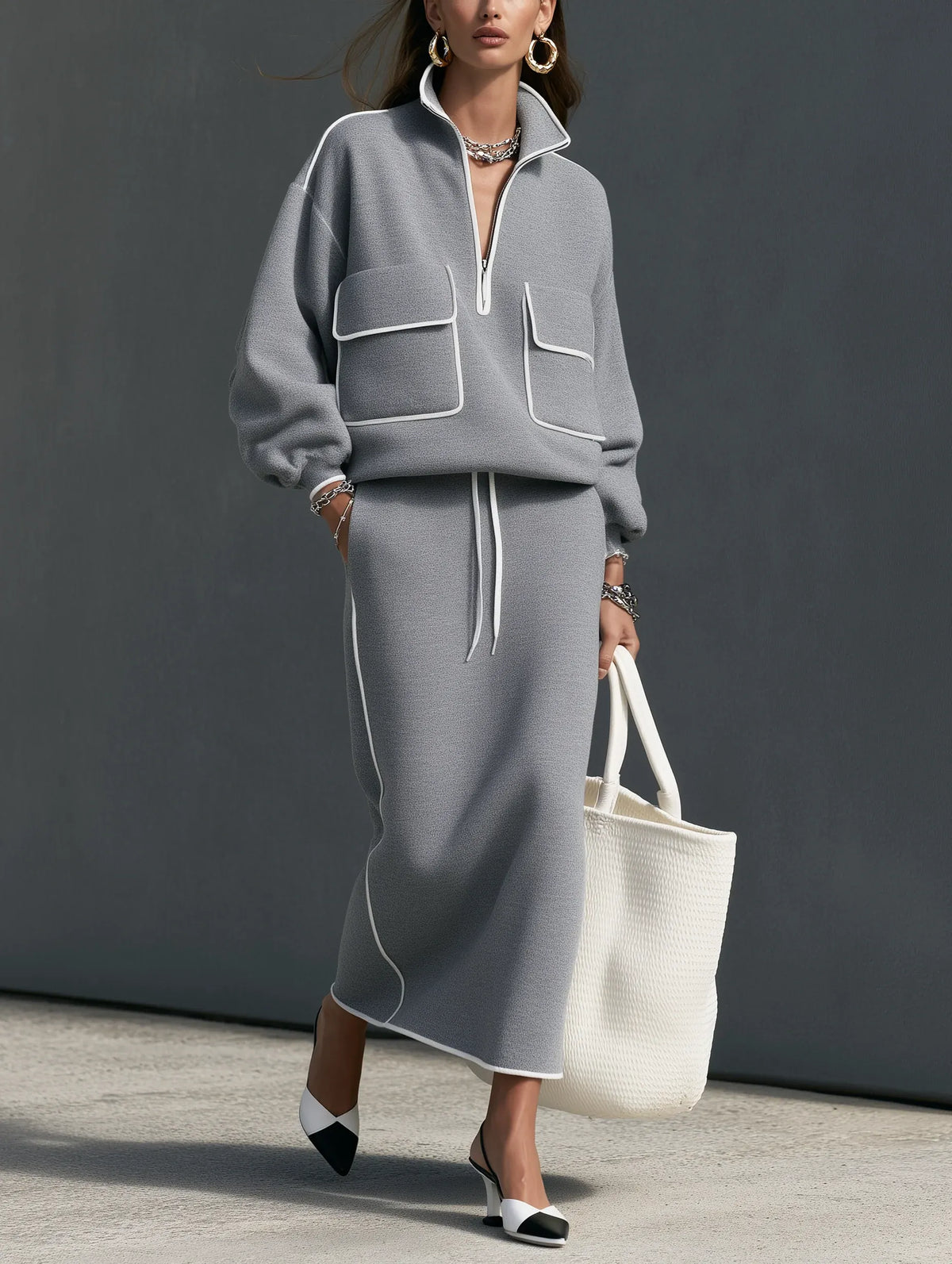 CIRIGLIANO - Set due pezzi grigio con felpa mezza zip e gonna midi