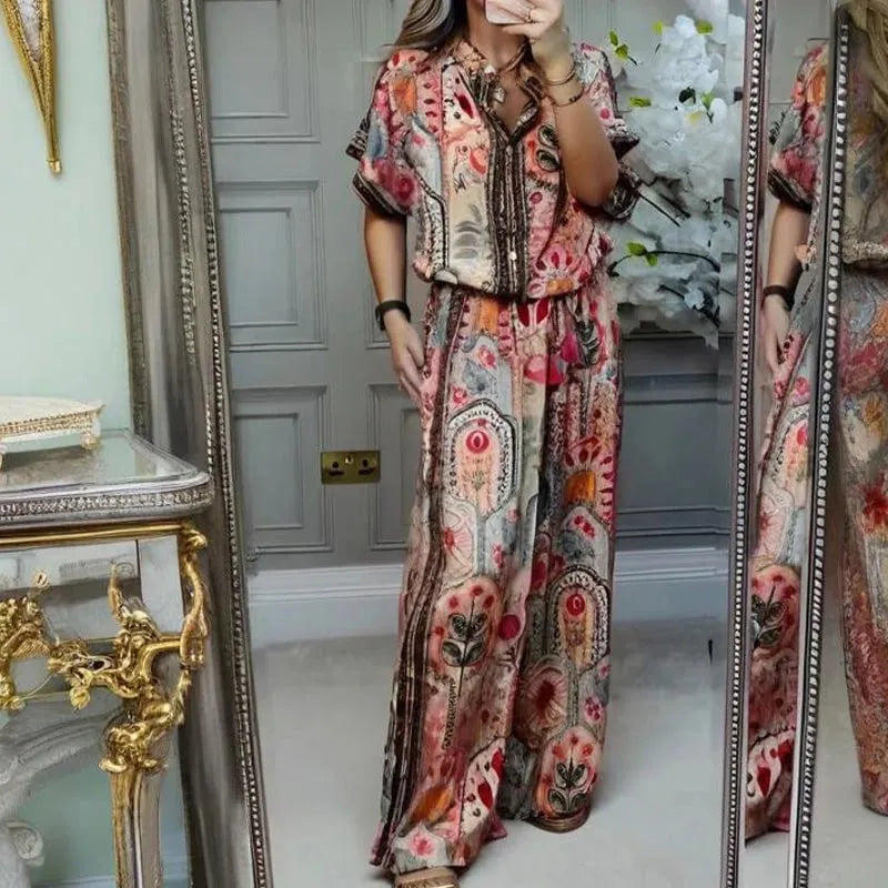 LUISA - Completo marrone 2 pezzi con top stampato e pantaloni ampi