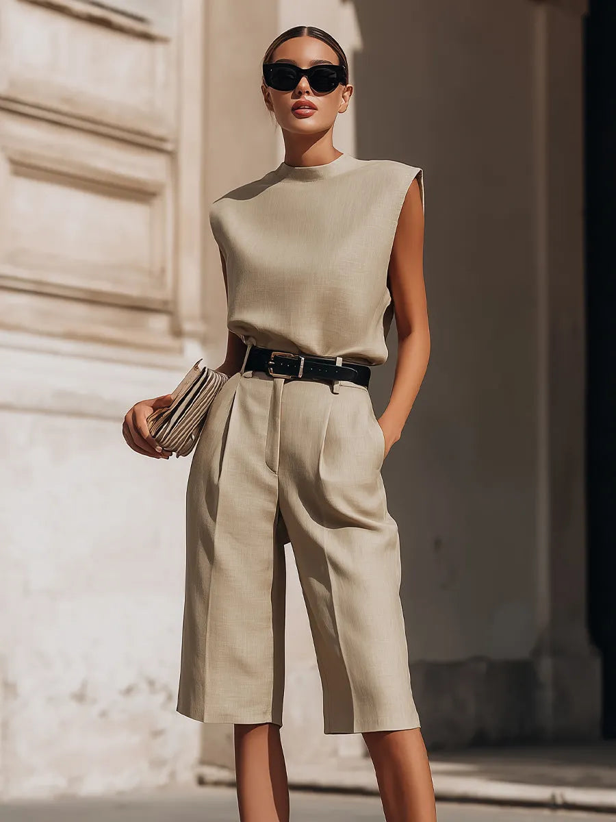 TONARA - Set due pezzi kaki con top strutturato e bermuda sartoriali