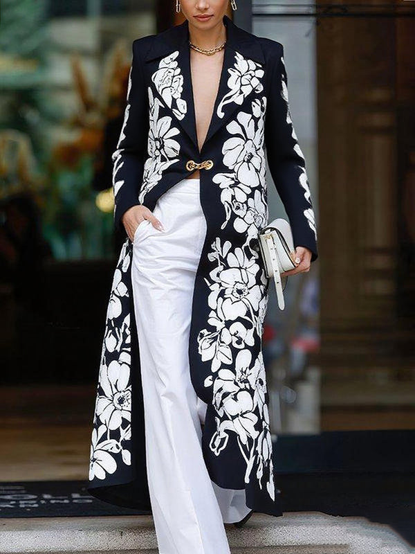 POSADA - Blazer nero ampio con stampa floreale e colletto a revers