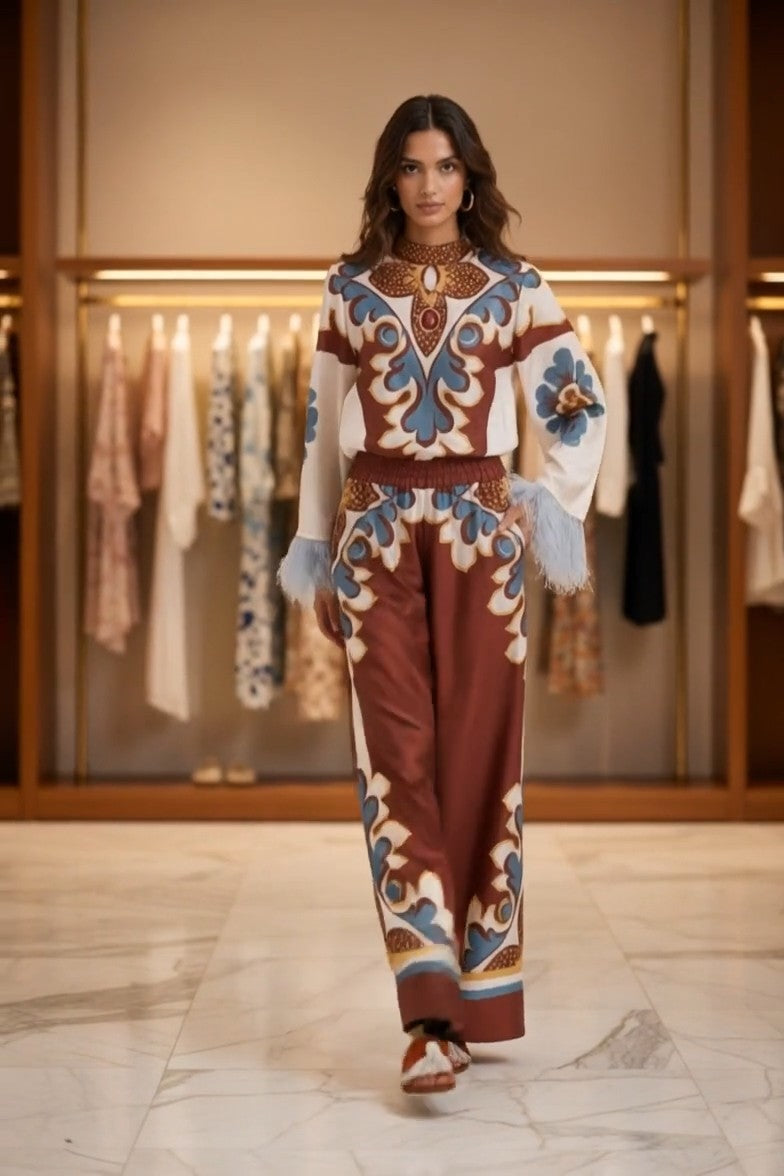 ACRI - Completo marrone satinato con piume e pantaloni ampi — SHOT 1