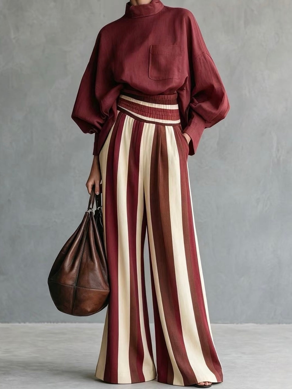 POMPONESCO - Set due pezzi pantaloni a righe vintage a vita alta