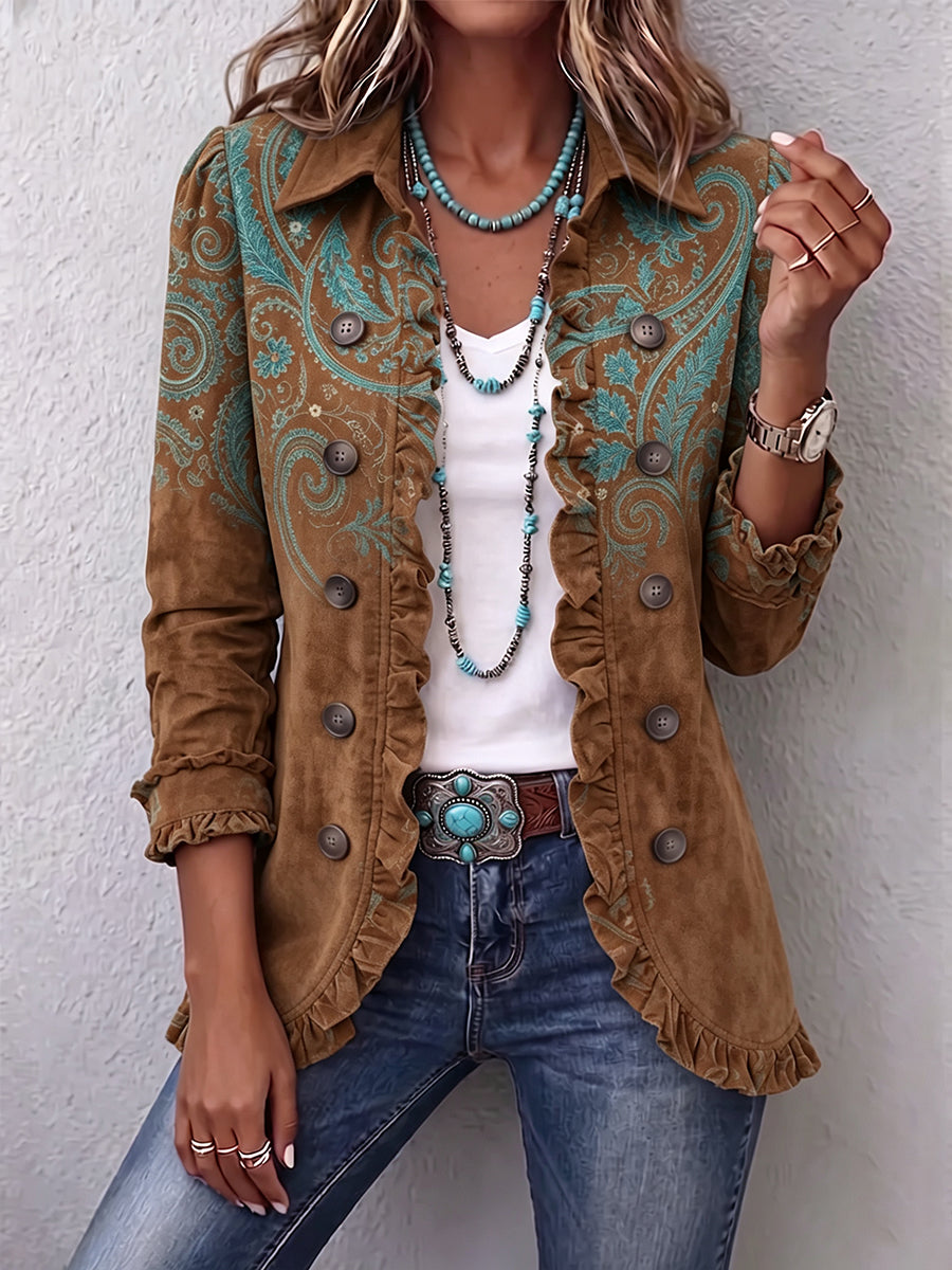 GOLFO - Giacca marrone stampata con bordo arricciato