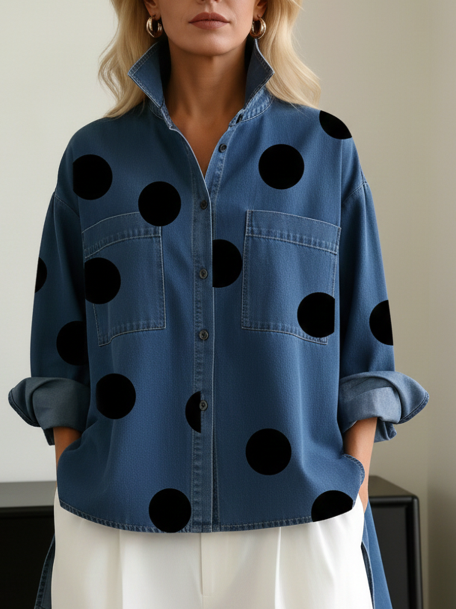 SPIAZZO - Camicia in denim a pois con collo alto