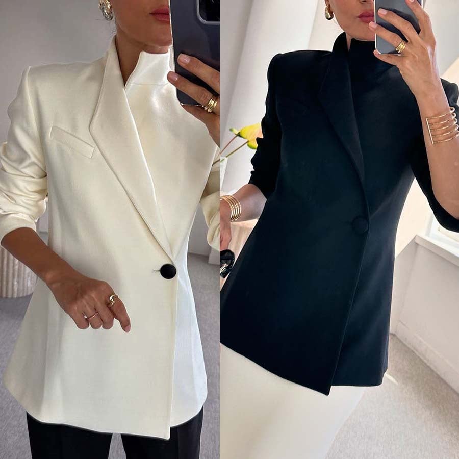POMBIA - Blazer morbido con colletto a revers e bottoni, bianco o nero