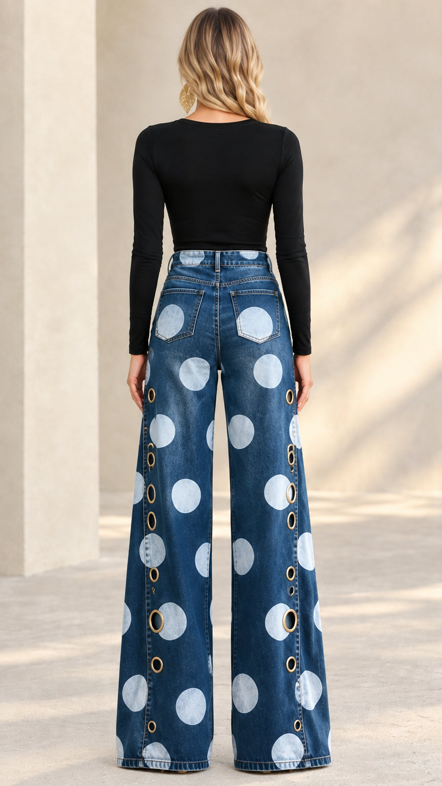 DRESANO - Jeans Donna a Pois Gamba Ampia con Occhielli