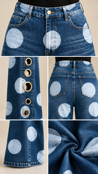 DRESANO - Jeans Donna a Pois Gamba Ampia con Occhielli