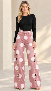 DRESANO - Jeans Donna a Pois Gamba Ampia con Occhielli