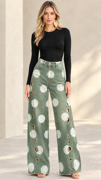 DRESANO - Jeans Donna a Pois Gamba Ampia con Occhielli